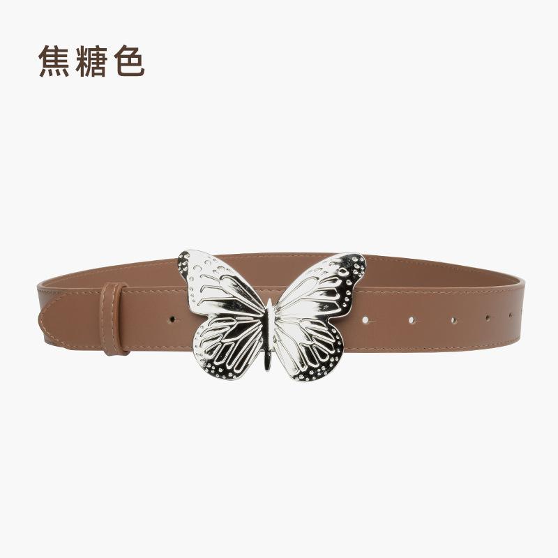 Four Seasons Wear Neuer breiter Ledergürtel für Damen im trendigen Ins-Stil mit großem Schmetterlingsdekor, gepaart mit Jeansanzug für Damen
