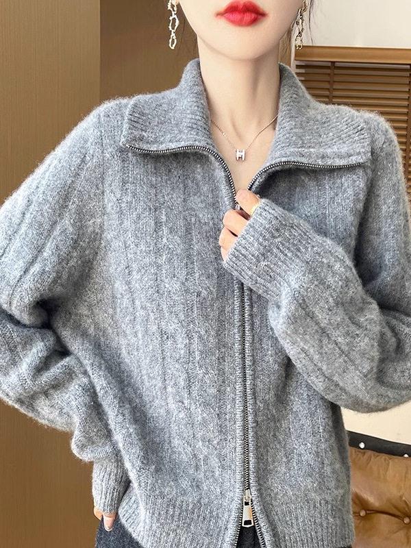 Women's Double Zipper Knit Cardigan - Long Sleeve Lapel Sweater for Spring & Autumn