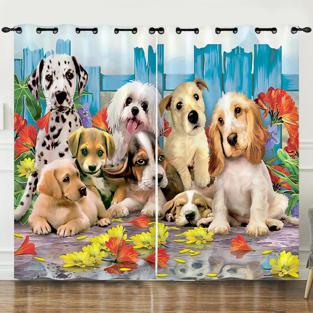 Curtain Cartoon Animal Dog Digital Printing Bedroom Blackout Curtain Punching