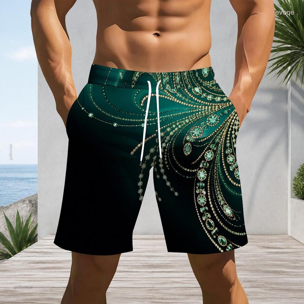 Men Plus Size Green Black Printed Beach Shorts Drawstring Waist Side Pockets Straight Leg