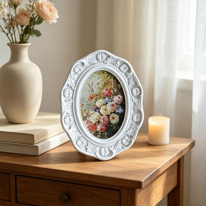 Antiker Präge Ovaler Foto Rahmen Harz Florale Relief Porträt Bilderhalter für Tischaufstellung und Wandakzent