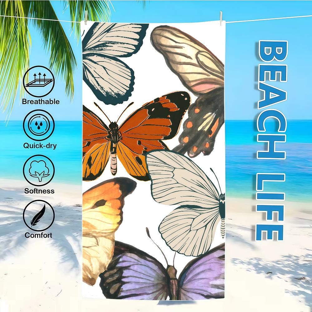 

Towel Textile Bathrobe Beach Quick-Drying White Swallowtail Black Lightweight Portable Camping Sequined Butterfly Pool Travel W40*H60(CM)