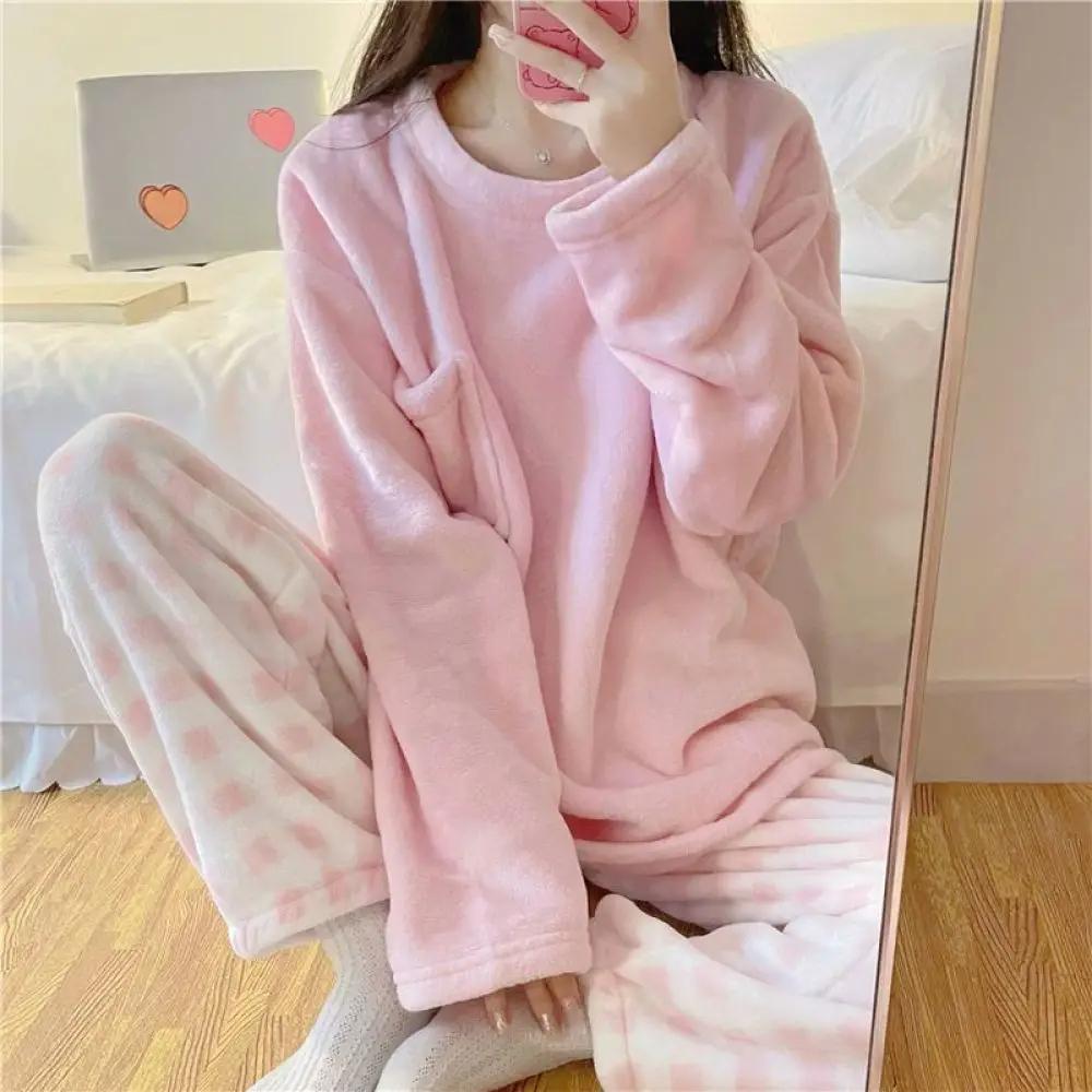 Fleece Hřejivý Dámský Pyžamový Set Zimní Noční Prádlo Ležérní Jednobarevný Top a Kostkované Kalhoty Měkký Pyžamový Set pro Ženy Domácí Oblek
