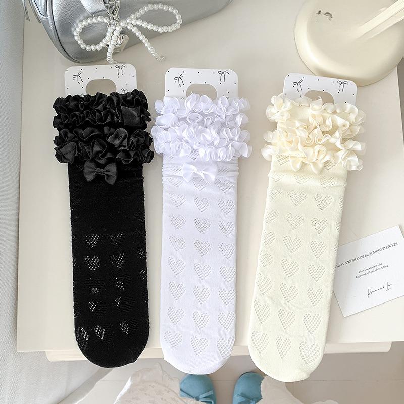 Spitzensocken für Damen Frühling und Sommer, Frotteesocken, Schleife Lolita Ballett-Stil Spitzen-Wadenlange Socken