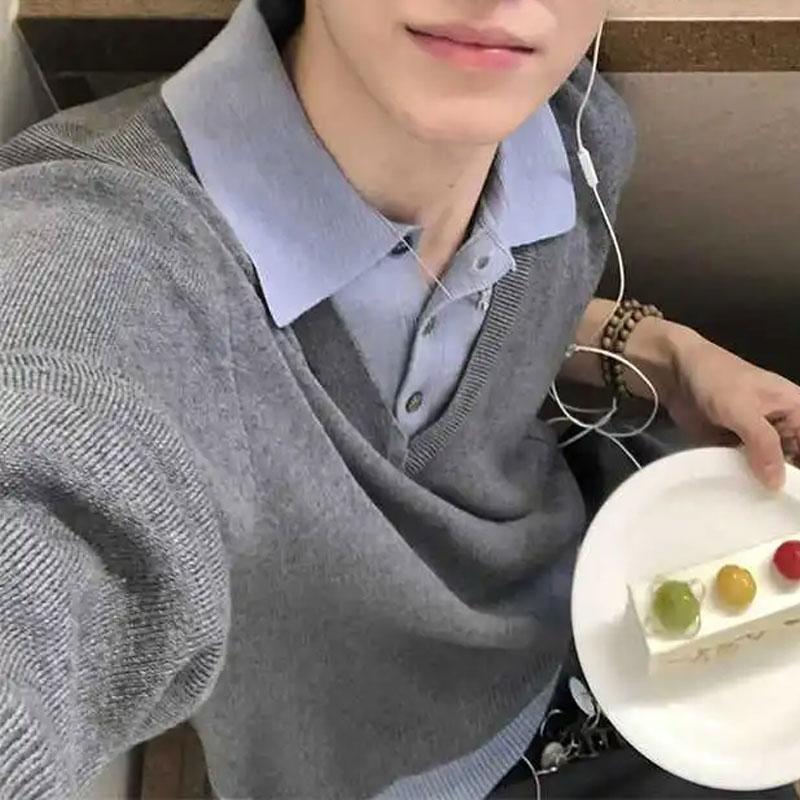 Fake Two Pieces Polo-Neck Sweaters Men's Clothing Stylish Patchwork Autumn Winter Long Sleeve Casual Button Knitted Pullovers