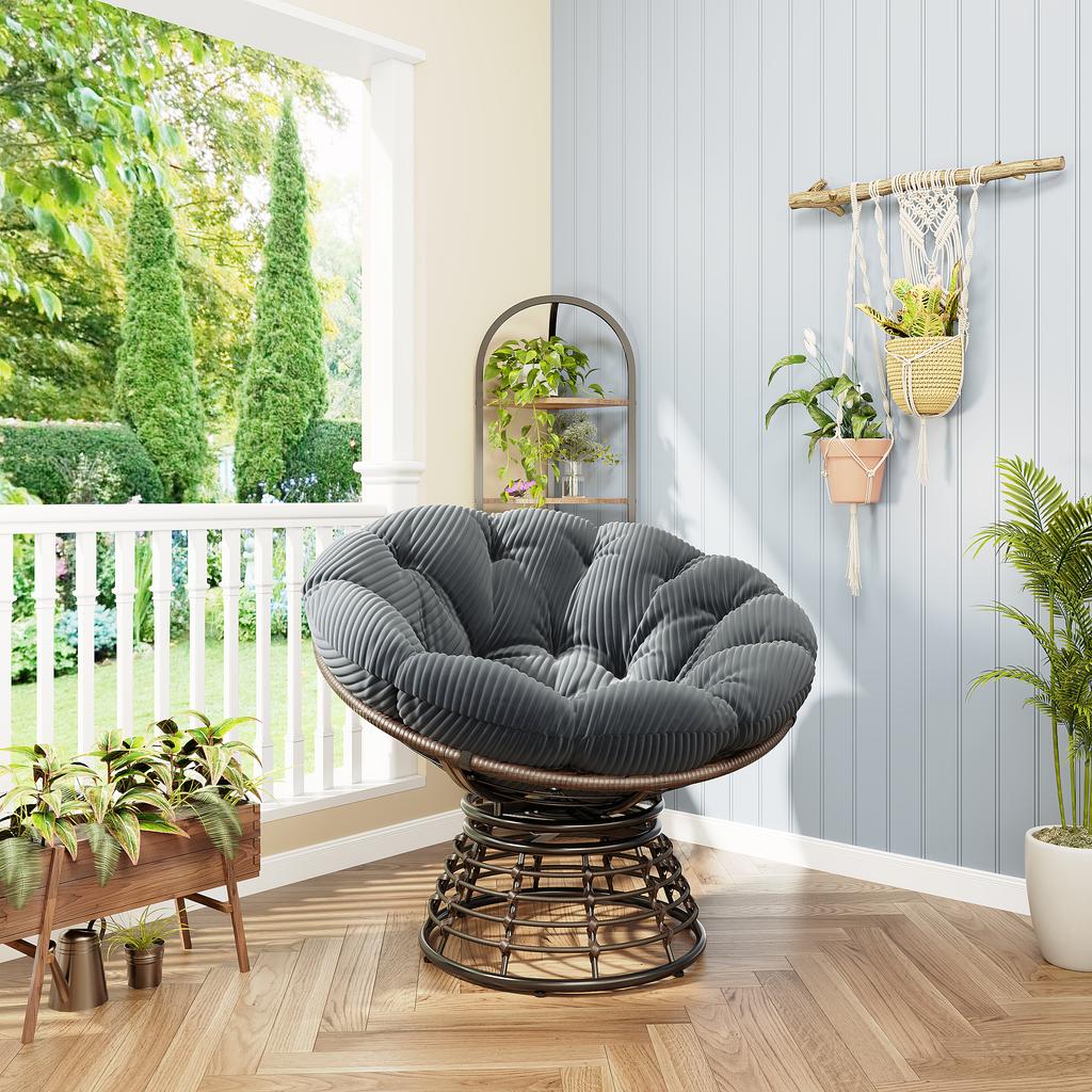Comfortable Wicker Papasan Chair, 360 degrees Swivel Indoor Outdoor, with Soft Thick Cushion, Ideal for Living Room, Brown Frame