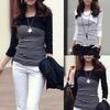 Mode Frühling Frauen Streifen Druck Langarm Rundhals T-Shirt Slim Fit Top