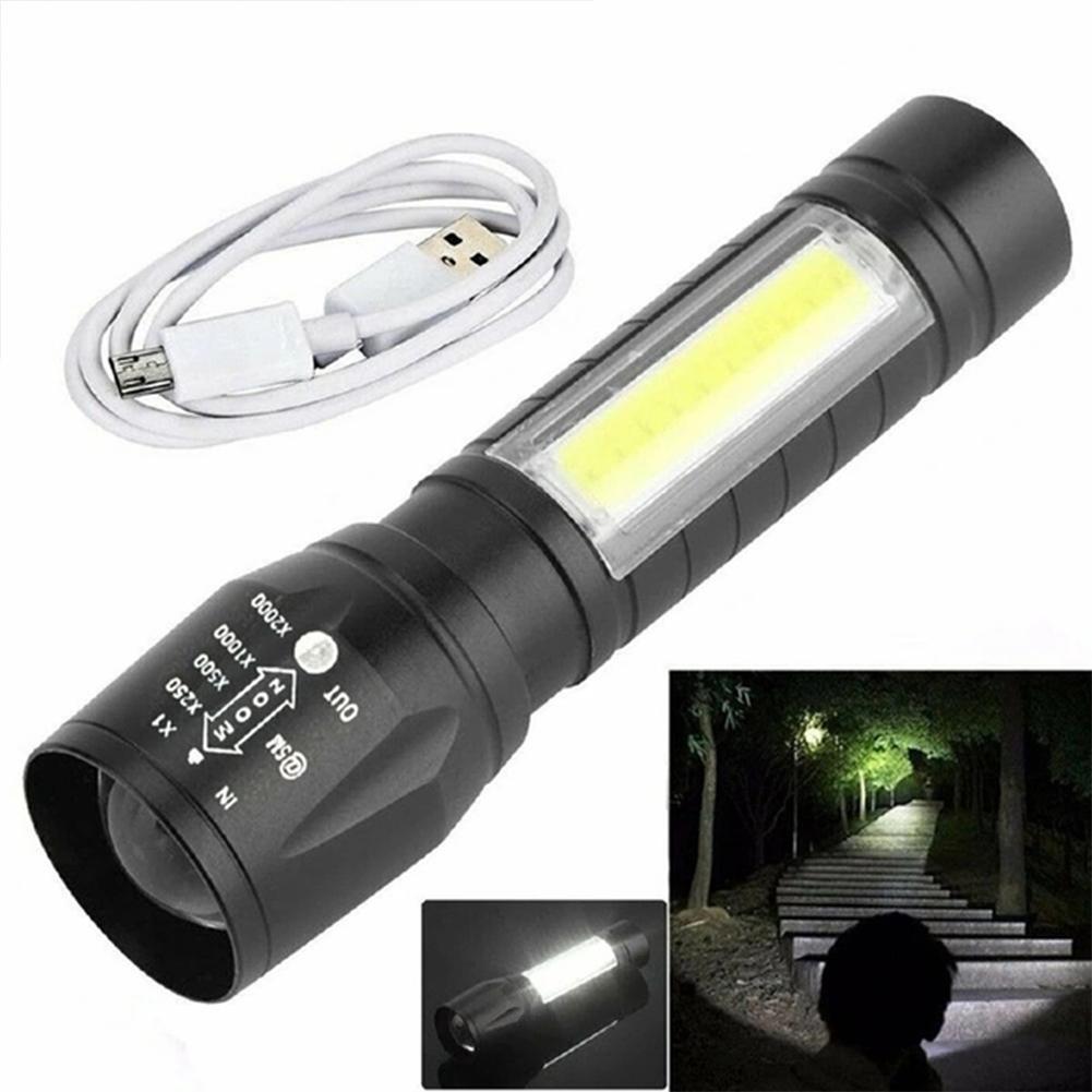 Hot XPE +COB Zoomable Light Lamp Torch With LED Flashlight 18650 USB Rechargeable