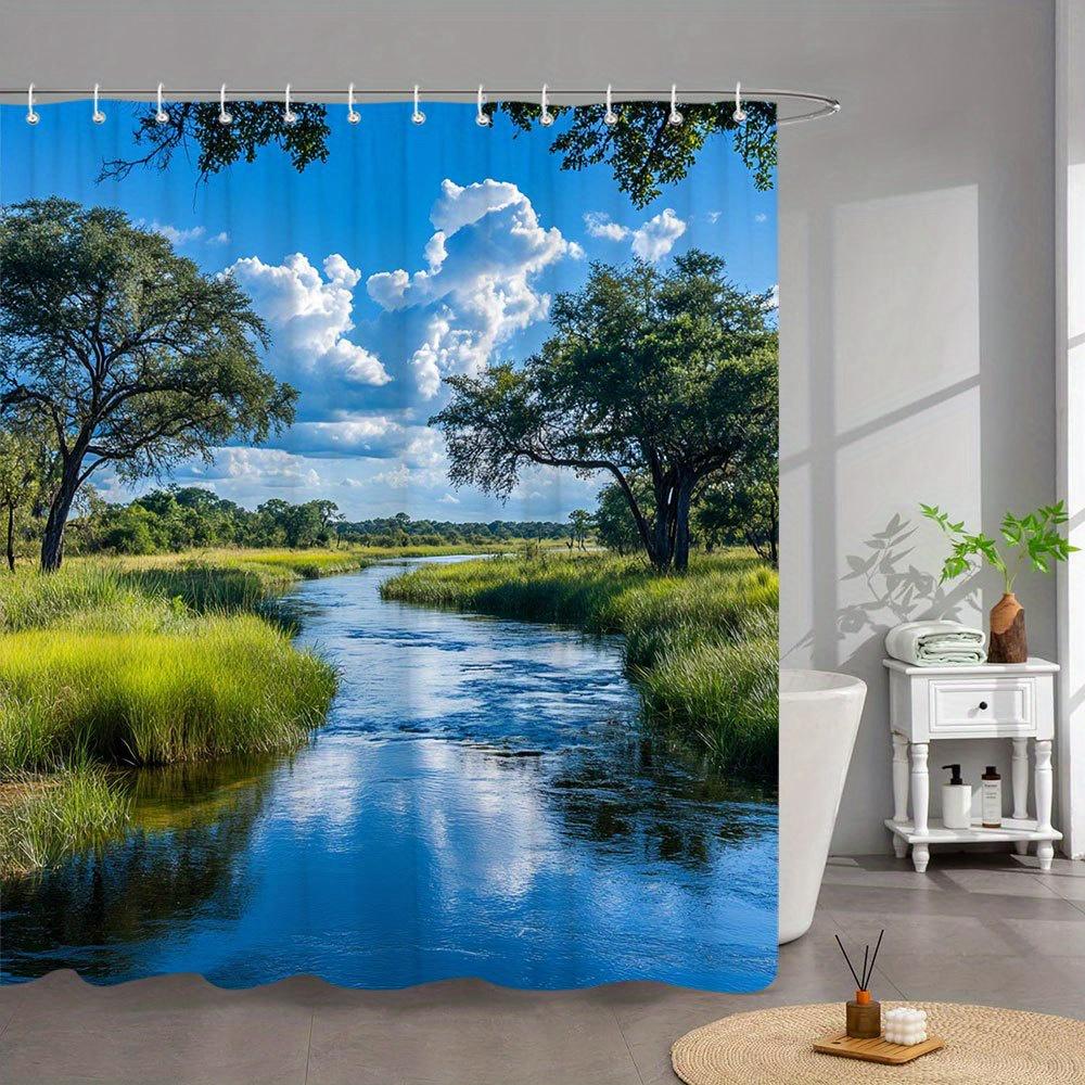 

1Pc Extra Large Bath Curtain - Tranquil River Landscape With Sunlit Waterway, Lush Green Grass, Dense Trees & Blue Sky - Machine W60H190(CM)-1 Pcs