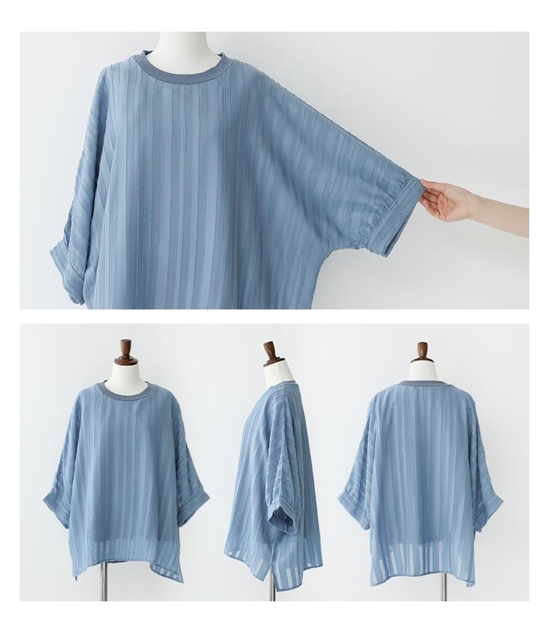 Oshare Walker Jacquard Layered Cut and Short Dolman Round Plus Loose 12tn0k5 n'OrLABEL [Cut Top] Women's Top, Sewn, Sleeves, 3/4 Sleeves, Style,