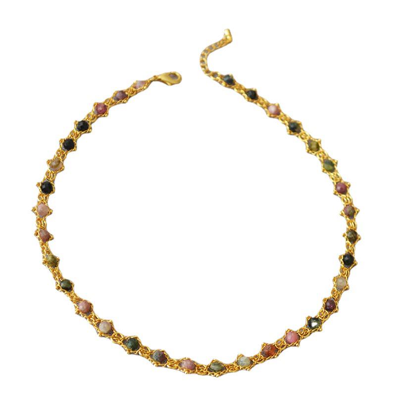 French Retro Colorful Tourmaline Beaded Gold-Plated Necklace