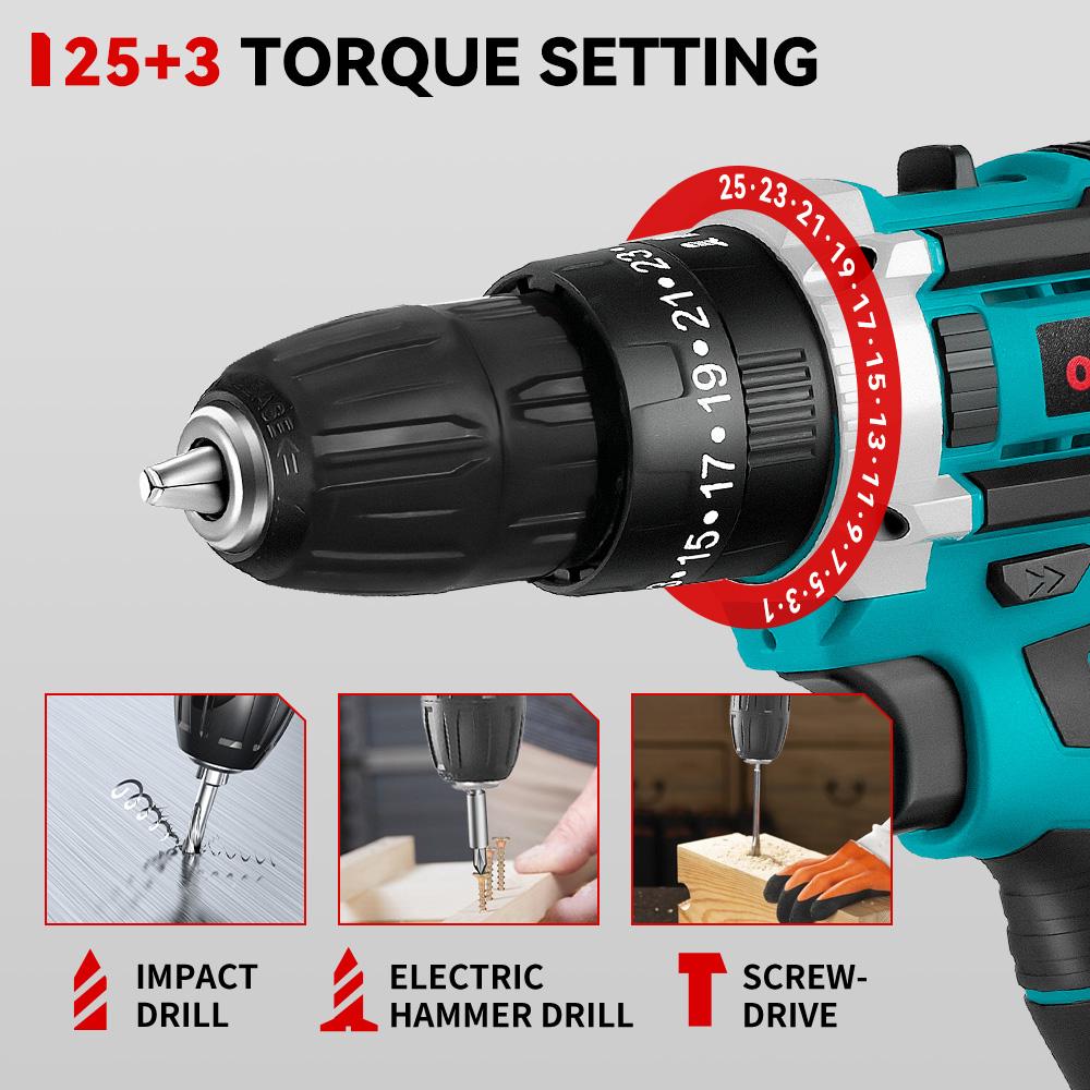 ONEVAN Electric Impact Drill 25+3 Torque 500W Cordless Electric Screwdriver Woodworking Power Tool For Makita 18V Battery Pin