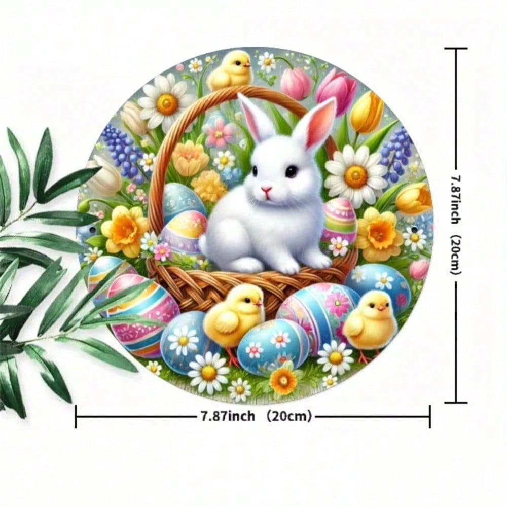 Panier de lapin de Pâques vintage Plaque murale ronde en métal Décoration de maison de ferme Jardin Café Art en fer Montage sur porte Salon