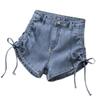 High-Waist Elastische Jeans-Shorts: Damen 2022 Sommer Schlank geschnitten A-Linie Kordelzug Weites Bein Design