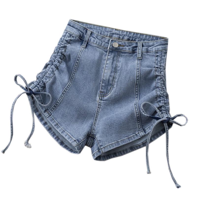 High-Waist Elastische Jeans-Shorts: Damen 2022 Sommer Schlank geschnitten A-Linie Kordelzug Weites Bein Design