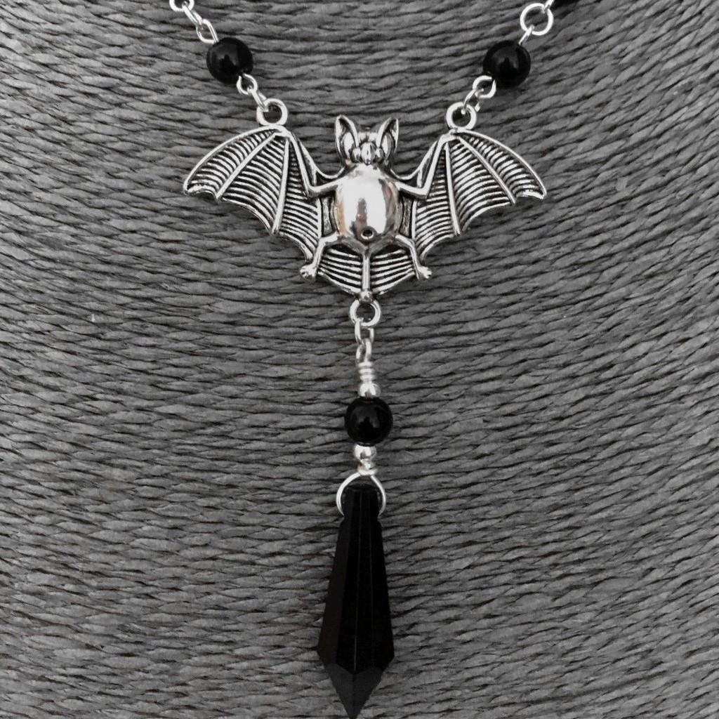 Gothic Wizard Bat Pendant Necklace With Crystal Geometric Design For Women