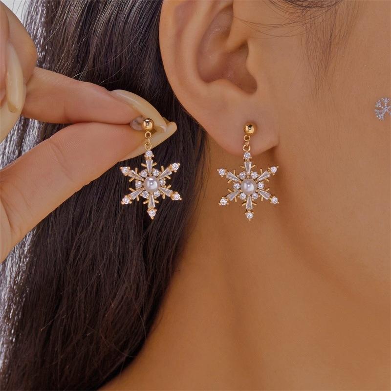 Glamorous Sparkling Snowflake Stud Earrings with Crystal Zircon Pearl Dangle; Ideal Long Tassel Earring Christmas Gifts