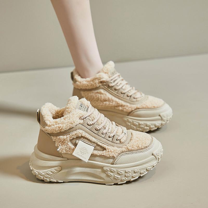 MCTIN Shoes for Women Winter Plush Chunky Sneakers Lace Up Casual Thick Soled Warm Shoes