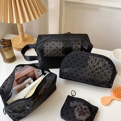 Kosmetiktasche aus Netzstoff mit Liebesdruck, tragbarer Kulturbeutel, Make-up-Tasche, multifunktional, transparent, für Damen, Lippenstift