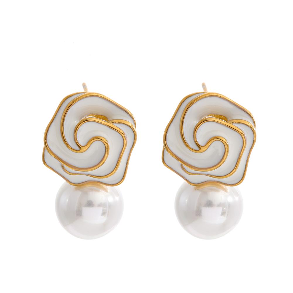 

Yhpup White Yellow Enamel Flower Imitation Pearls Stud Earrings for Women Gold Color Stainless Steel Chic Charm Classic Jewelry