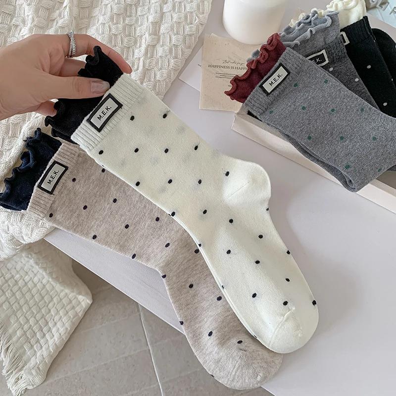 Women Cotton Long Socks Soft Breathable Cute Dots Frilly Edge Retro Preppy Style Comfortable Casual Fashion Socks For Everyday