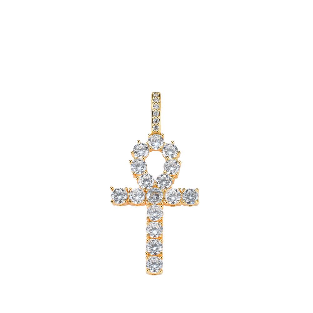 Copper European American Hip Hop Zirconia Ankh Cross Men's Necklace