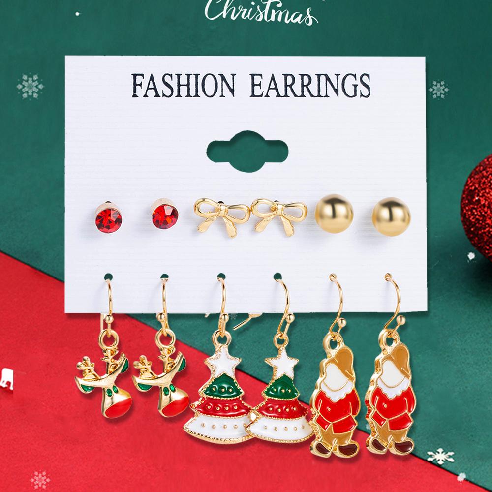 

6 пар женских серег Рождественская серия Рождественская елка Снеговик Олень Серьги Модные Милые и Простые Аксессуары красный
