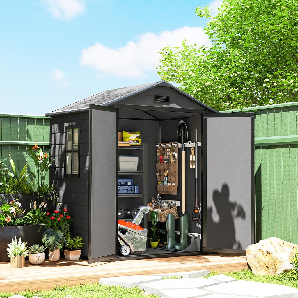 6'x4.5' Garden Storage Shed, Lockable Garden Shed with Double Doors, Window, Vent and Plastic Roof, Dark Grey