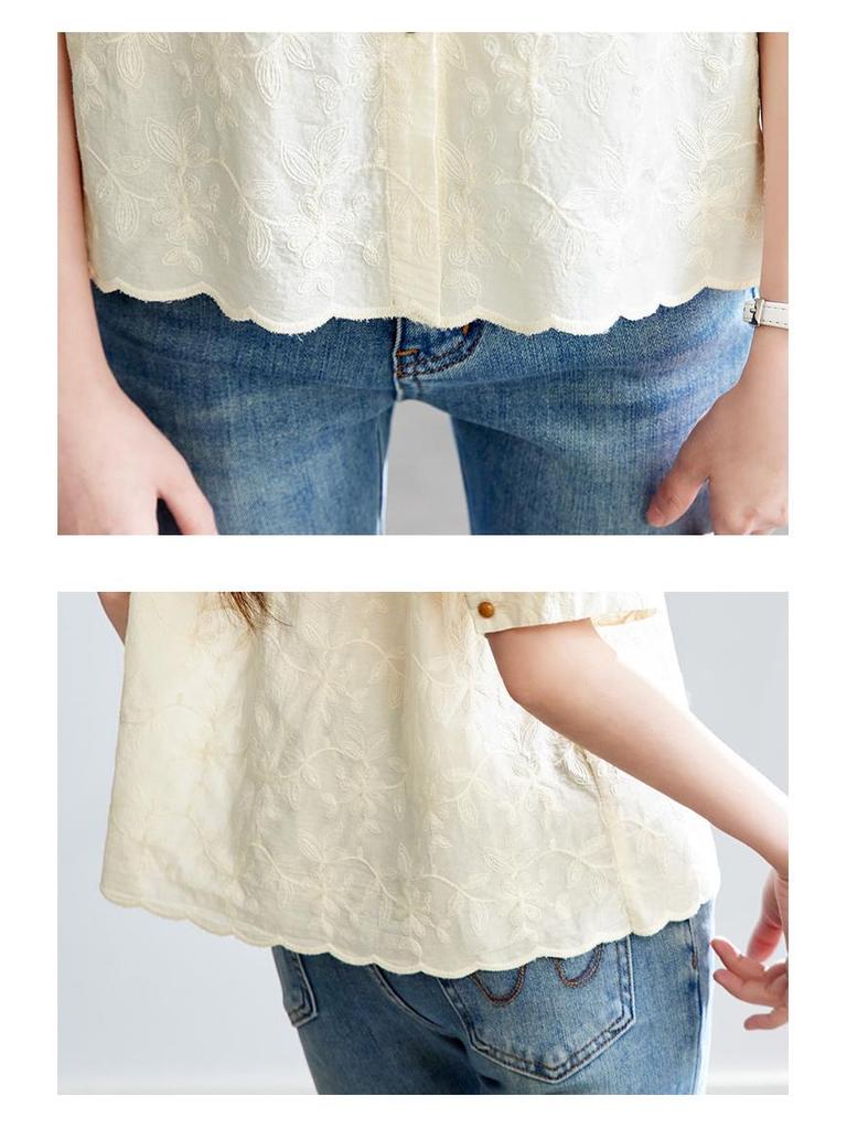 Women's Pure Cotton Lace Floral Round Neck Shirt with Five-Point Sleeves, 2026 Summer Collection.