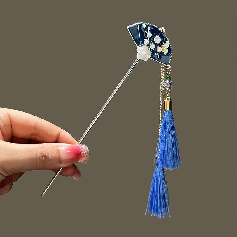 Female Alloy Hairpin With Long Tassel Chinese Hair Stick Blue Petal Headwear Fairy Pearl Cheongsam Decor Haie Bun Jewelry