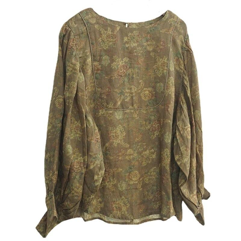 Johnature Women Print Floral Vintage Linen T-Shirts Puff Sleeve O-Neck Loose Tees Autumn Chinese Style Women T-Shirts