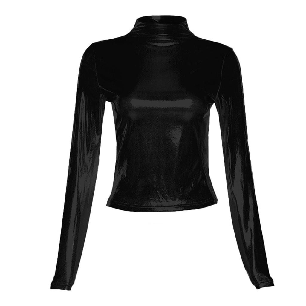 Womens Shiny Long Sleeve T-shirt Fashion Metallic Mock Neck Slim Fit Tops Party Clubwear