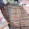 145cm Vintage Pink Plaid Drawstring Wide Leg Pants - Women's Slimming Straight Leg Summer Casual Loose Fit