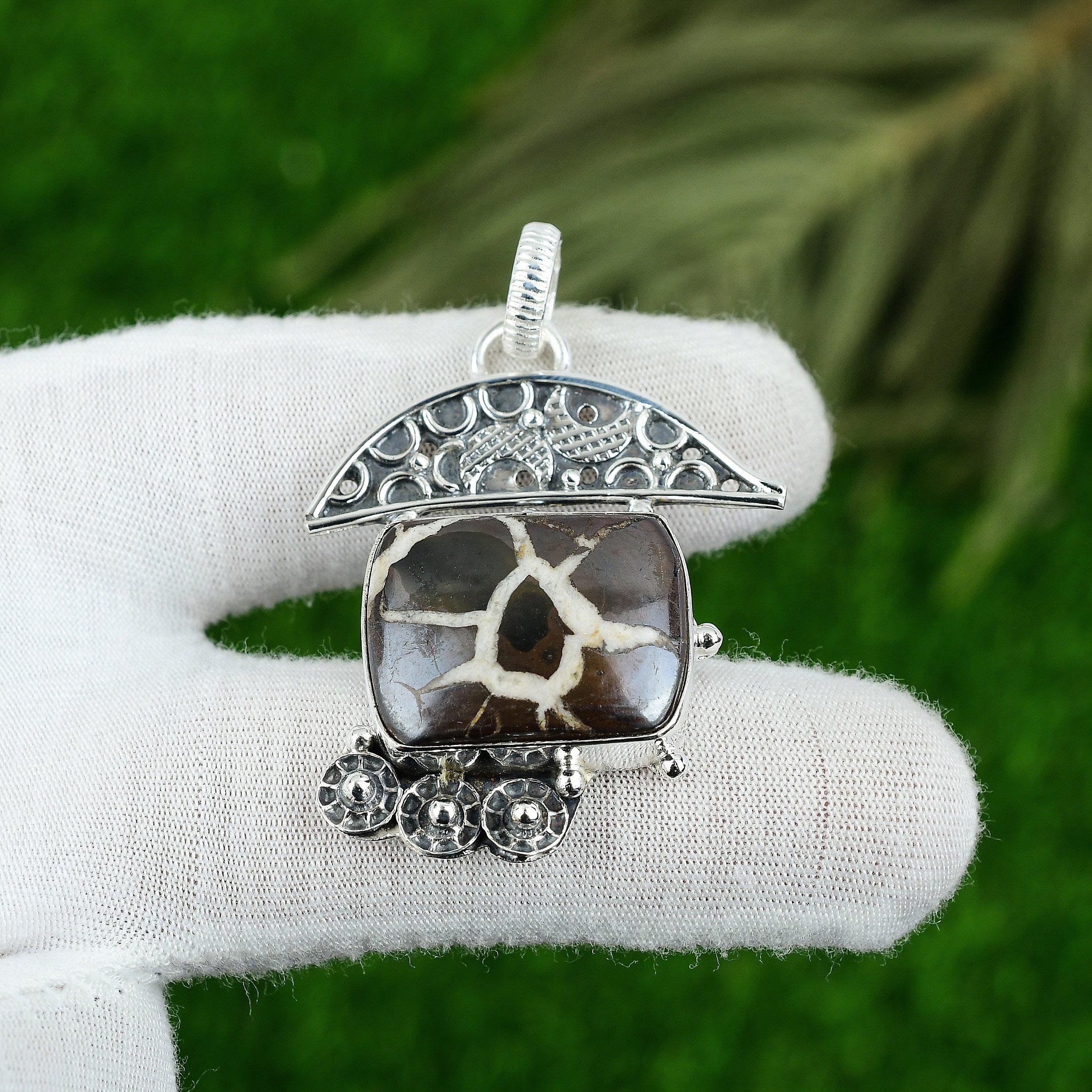925 Sterling Silver Moroccan Mud Crack Fossil Gemstone Bezel Daughter Pendant