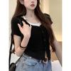 Women's V Neck Short Sleeve Fake Two Piece Top Slim Fit Sweet Style Crop Blouse