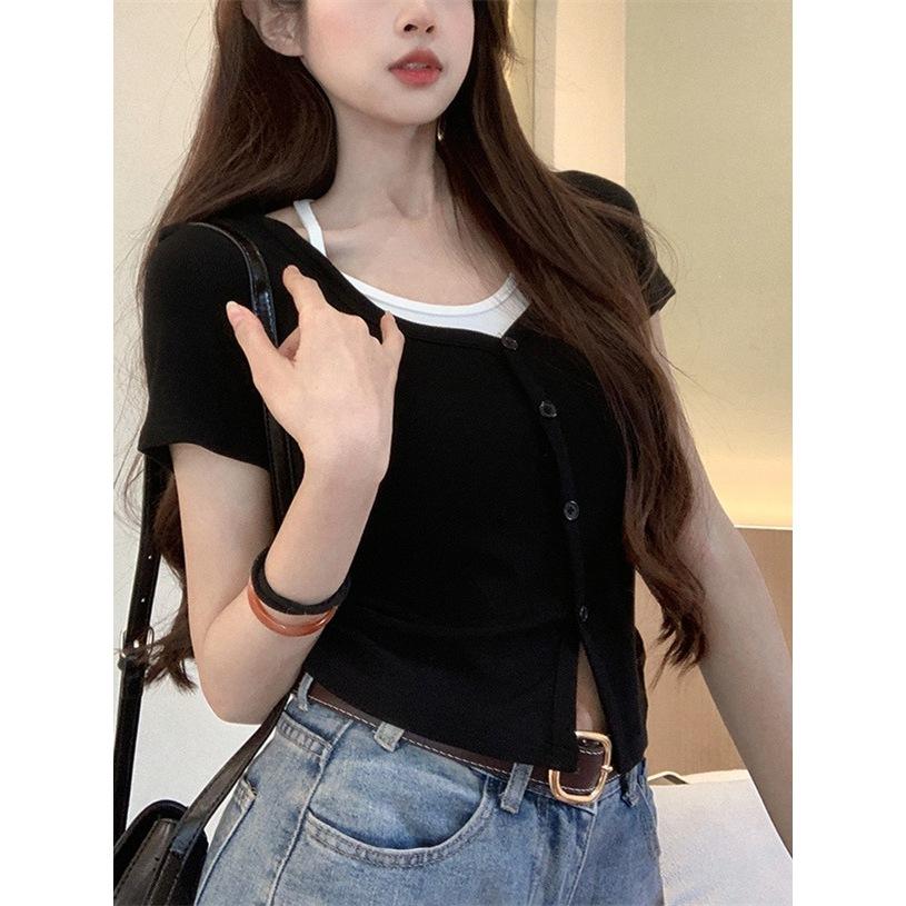 Women's V Neck Short Sleeve Fake Two Piece Top Slim Fit Sweet Style Crop Blouse
