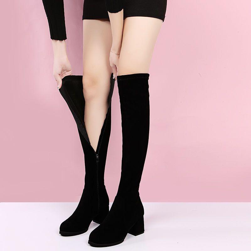 Pantofi de damă cu toc înalt până la genunchi cu fermoar, elastic, cu croială slim, cizme de iarnă, cu blană și pline de elasticitate, pantofi multifuncționali pentru femei