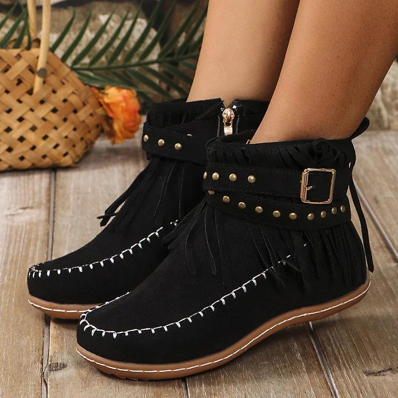 

Модные винтажные ботинки-вестерны с кисточками для женщин, украшенные заклепками, на плоском каблуке, ботильоны до щиколотки, женский размер, на молнии, нескользящие короткие ботинки 36 чёрный
