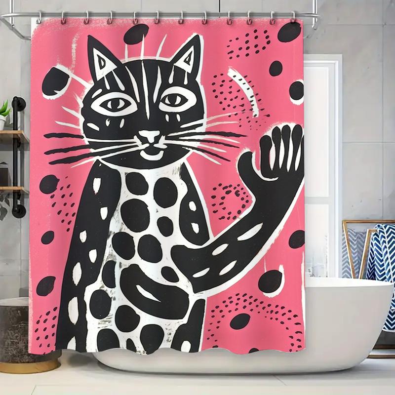Black And White Cat Shower Curtain Modern Bathroom Decor With Eye-Catching Animal Print Design For Home Decoration Pink Backgrou