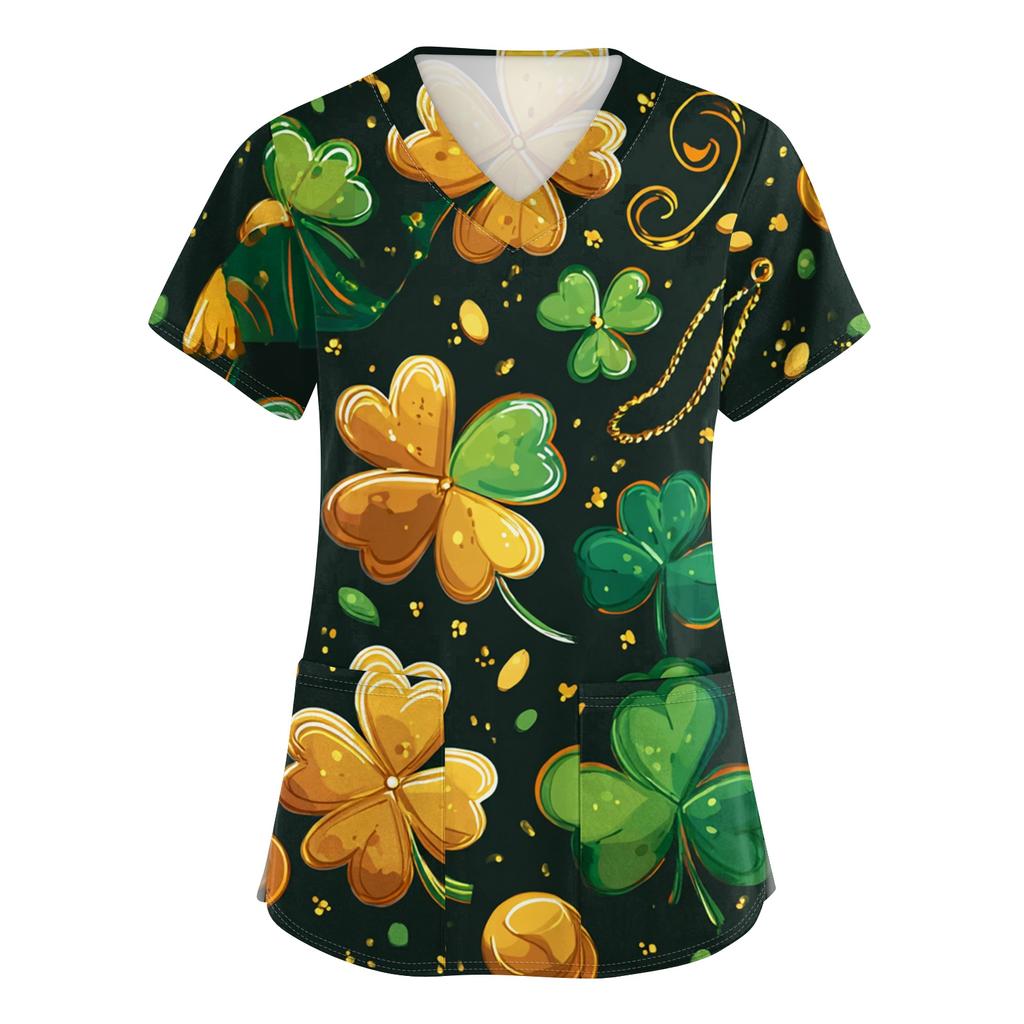 Women's V-neck St. Patrick's Day Printed Short-sleeved Pocket Side-slit Protective Suit Top