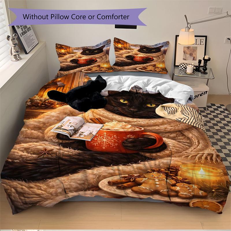 3pcs Christmas Winter Wonderland Cat Bedding Set - Includes One Quilt Cover and Two Pillowcases (No Core) - Festive Decor for Bedroom and Gu 135x200cm