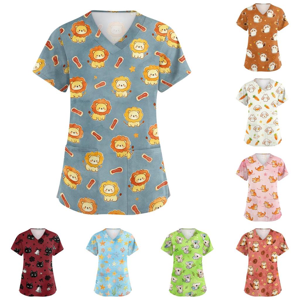 Damen V-Ausschnitt Kurzarm Arbeitshemd mit Taschen Tierprint Oberteil Medizinische Scrub Uniform für Gesundheitsberufe Bequeme Passform