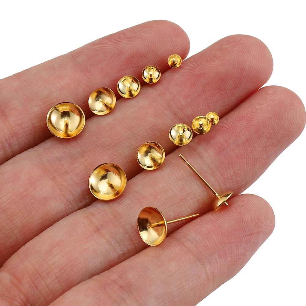20pcs 3-8mm Gold Color Stainless Steel Ear Studs Earrings Earring Base for Pearl Ear Jewelry Making DIY Accessories Wholesale
