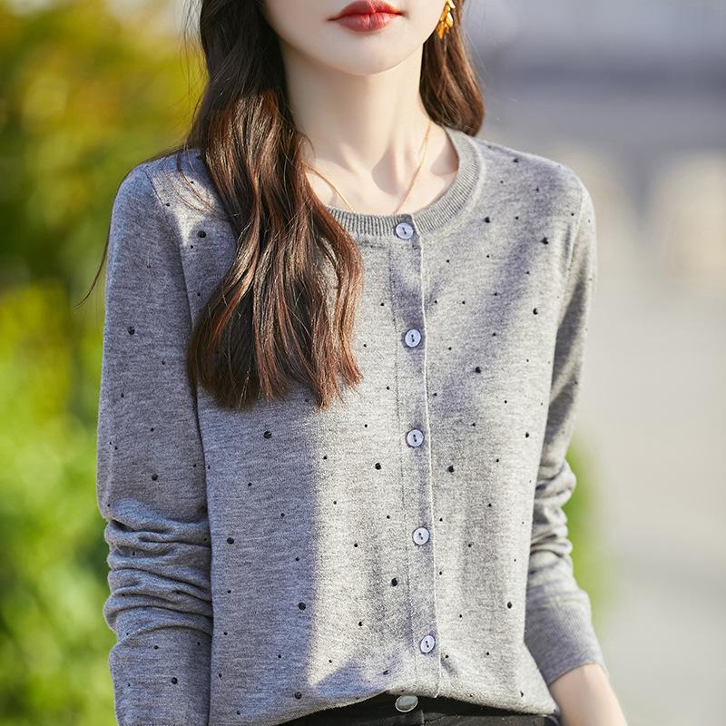 Heavy Industry Hot Diamond Worsted Wool Crew Neck Knitted Cardigan Spring And Summer New Loose Temperament Versatile Top Women