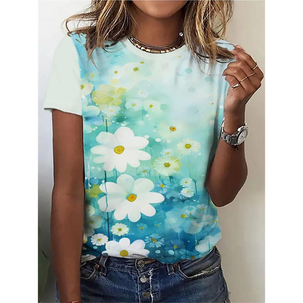 Daily Comfort Versatile Flower Print Women's Top Short Sleeve Fashion Loose T-Shirts Women’s