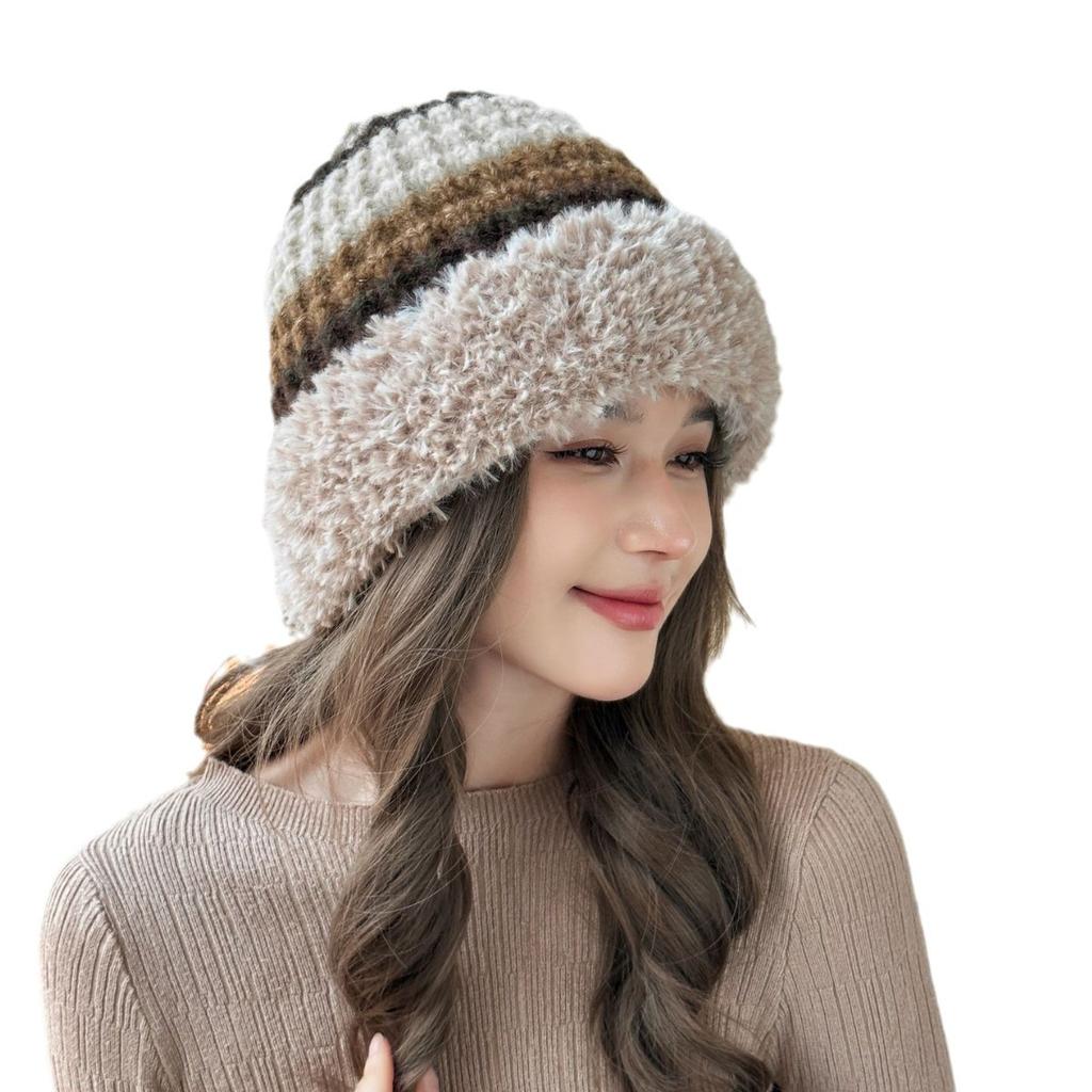 Knitted Hat for Women Thickened Plush Thread Hat  Big Head Flange Plush Edge Warm Hat
