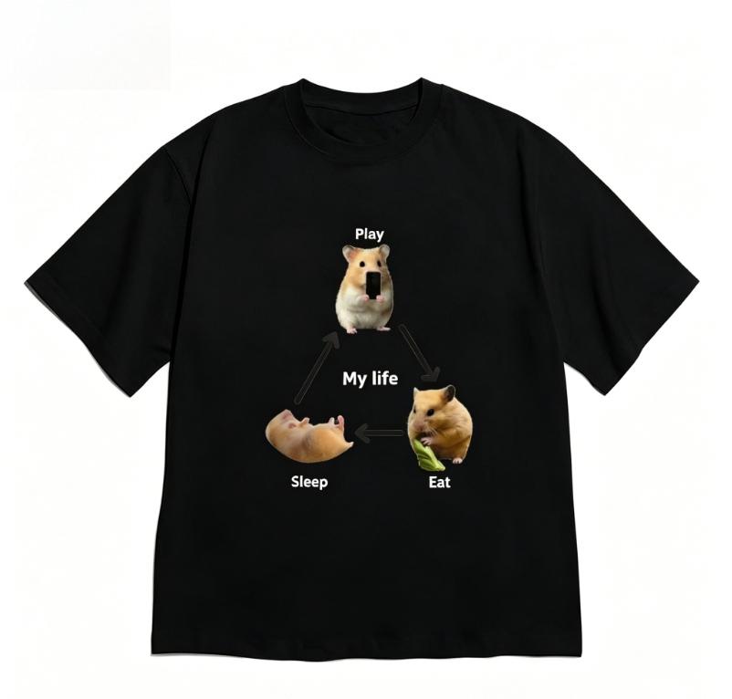 Funny Hamster Tshirt Short Sleeve for WOMEN Unisex Retro Casual Versatile Cute Crew Neck Tee Korean Style Fashion Top Black