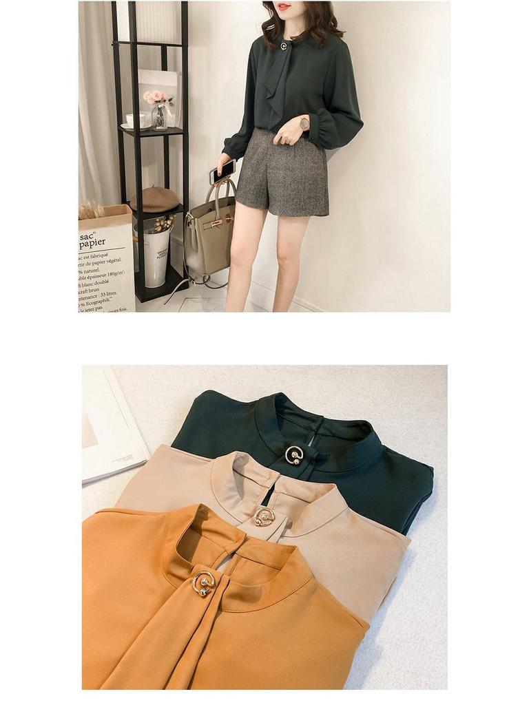 Women's Plus Size Autumn Lantern Sleeve Chiffon Shirt - Solid Color, Loose Fit, Long Sleeve, Korean Style