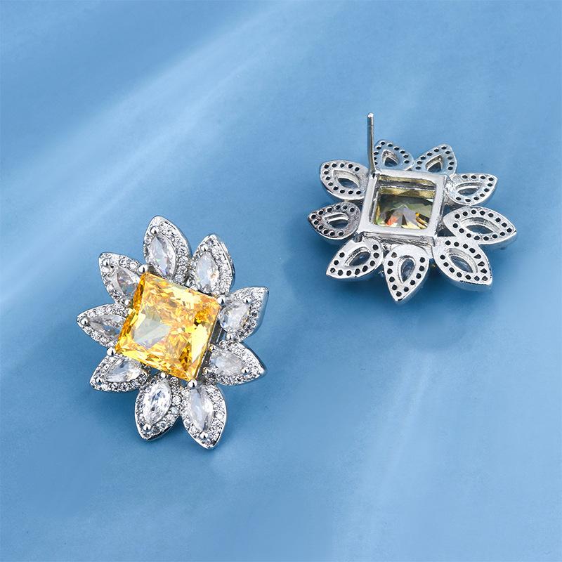 New Autumn and Winter Jewelry High Carbon Diamond Yellow Ice Flower Cut Copper Inlaid Princess Square High-end Fashion Earrings