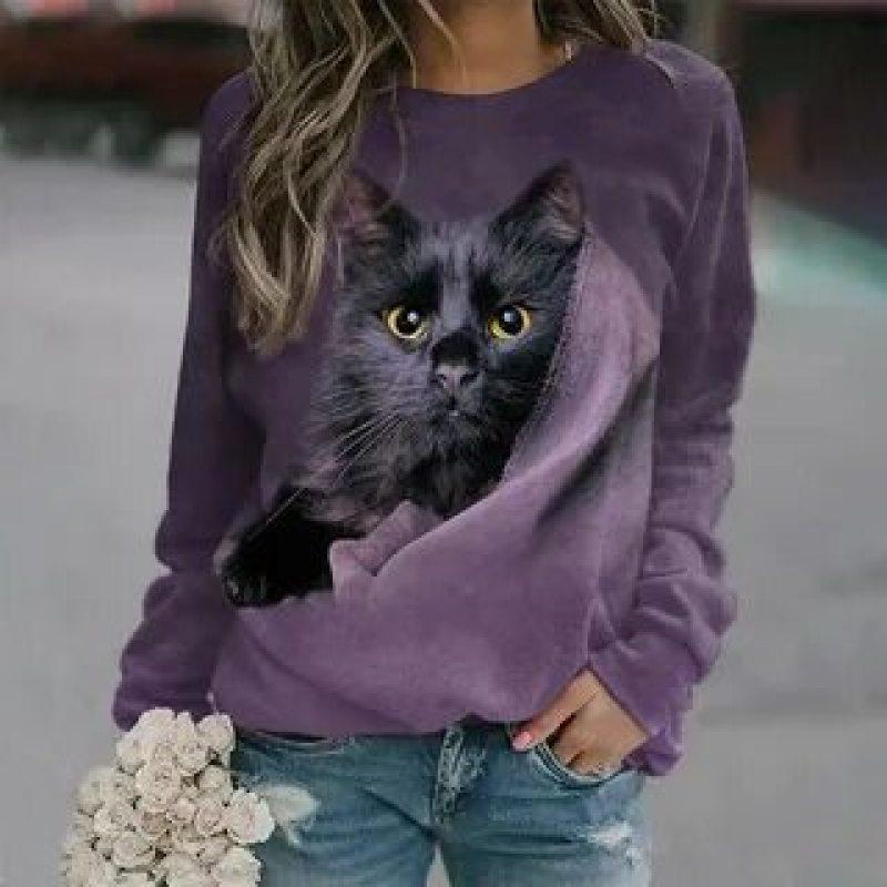 Autumn High Quality Women's Round Neck Long Sleeve 3D Printed Pet Cat Pattern Fashion Casual Women's Plus Size XXS-6XL